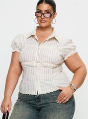 Deserve You Puff Sleeve Button Front Top Cream Stripe Curve