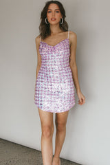 Show Me Love Cowl Neck Mini Dress Sequin Check Purple