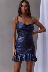 Miami Nights Cowl Neck Ruffle Hem Sequin Mini Dress Navy