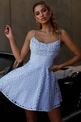 Marbella Floral Embroidered Overlay Scoop Neck Mini Dress Steel Blue