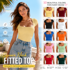 Women Summer&Fall Basic Striped Square Neck Short Sleeve Fitted Crop T-Shirt
