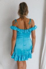 Ode To Love Sweetheart Neckline Tied Shoulder Frill Mini Dress Blue