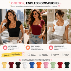 Women Summer&Fall Basic Striped Square Neck Short Sleeve Fitted Crop T-Shirt