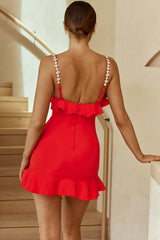 Shine Bright Ruffle Trim Jewel Strap Mini Dress Red