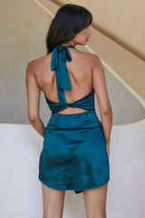 Sonoma Cowl Neckline Faux Wrap Twist Back Mini Dress Jade