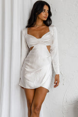 Shaken Not Stirred Cut-Out Waist Long Sleeve Pleat Mini Dress Champagne