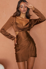 Shaken Not Stirred Cut-Out Waist Long Sleeve Pleat Mini Dress Chocolate