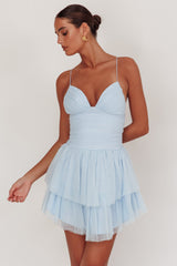 Nightingale Ruched Mesh Mini Dress Baby Blue