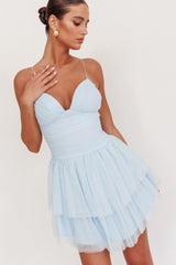Nightingale Ruched Mesh Mini Dress Baby Blue