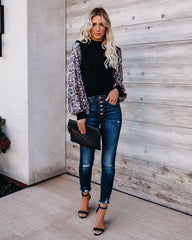 Disco Fever Sequin Sleeve Mock Neck Knit Top