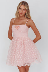 Bahia A-Line Square Neckline Mini Dress Lace Blush