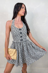 Naturally Cool Halter Embroidered Gingham Mini Dress (Black)