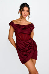 Lizetta Boat Neck Gathered Mini Dress Burgundy