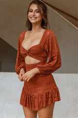 La La Land Twisted Bust & Back Paisley Lace Mini Dress Rust