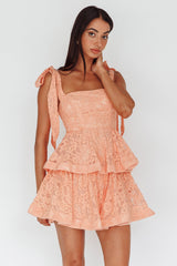 Neriah Tied Shoulder Tiered Lace Mini Dress Orange
