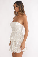 Provence Bloom Tiered Sequin Mini Dress White