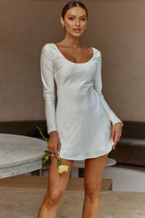 Mixed Emotions Long Sleeve Round Neck Keyhole Back Mini Dress White