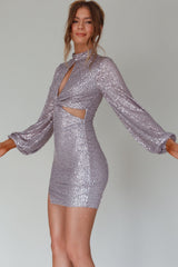La Discotheque Long Sleeve Sequin Mini Dress Silver