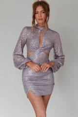 La Discotheque Long Sleeve Sequin Mini Dress Silver