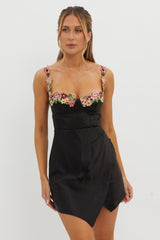 Rose Garden Floral Applique Wrap Mini Dress Black