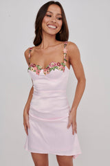 Rose Garden Floral Applique Pleat Mini Dress Pink