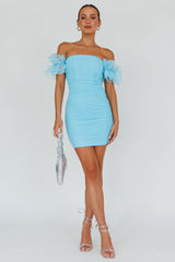 Star Dust Off-Shoulder Frill Sleeve Mini Dress Baby Blue