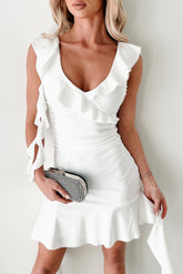 Heart Flutter Ruffled V Neck Mini Dress (White)