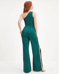 Always On The List One Shoulder Front Tie Slit Jumpsuit - Hunter Green
