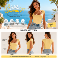 Women Summer&Fall Basic Striped Square Neck Short Sleeve Fitted Crop T-Shirt