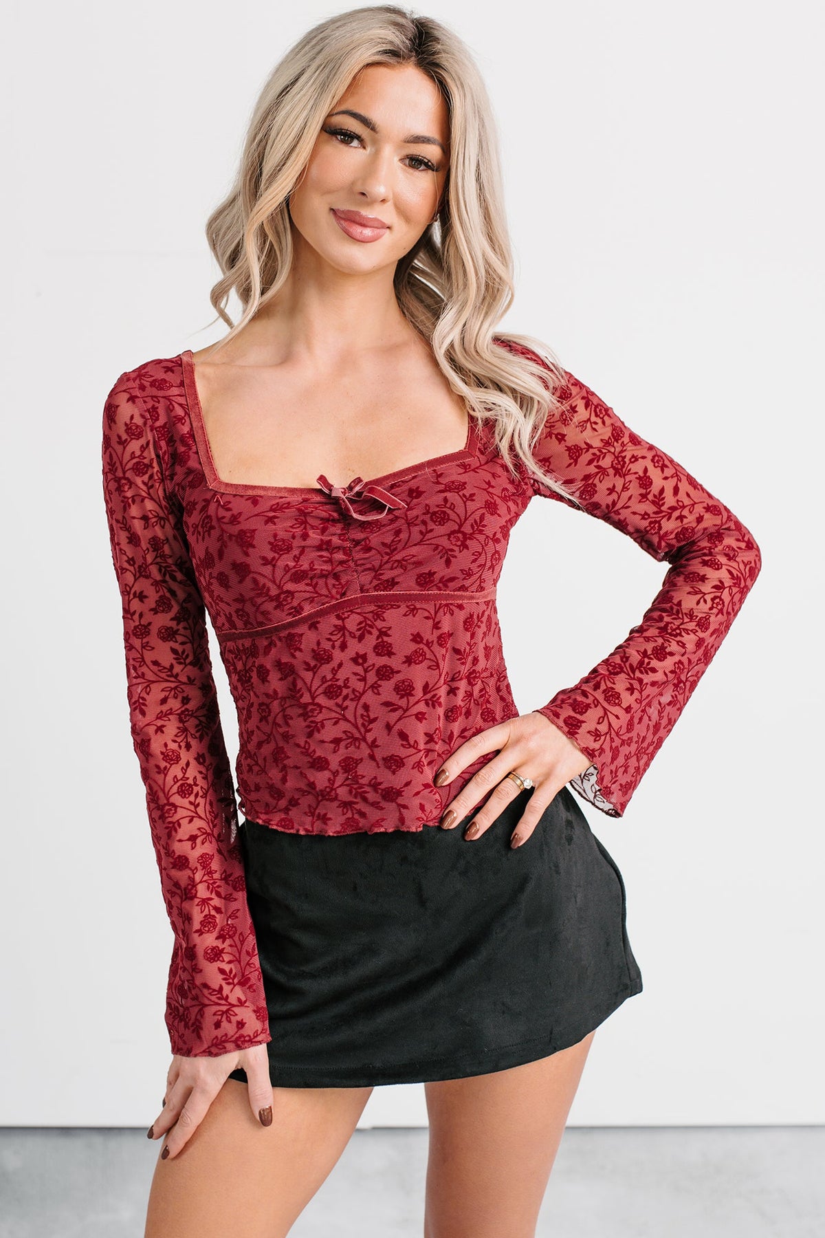 Heart’s Calling Long Sleeve Floral Top (Burgundy)
