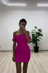 Senorita Off-Shoulder Lettuce Edge Detail Ruched Mini Dress Hot Pink
