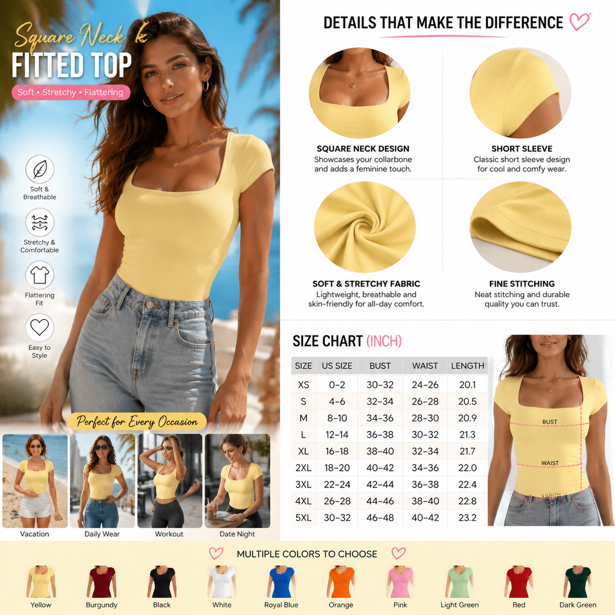 Women Summer&Fall Basic Striped Square Neck Short Sleeve Fitted Crop T-Shirt