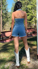 Born And Raised Denim Halter Vest Romper (Denim)