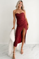 Glow Your Way Strapless Floral Midi Dress (Wine)