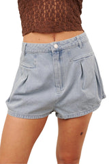 No One To Blame Pleated Denim Shorts (Washed Denim)